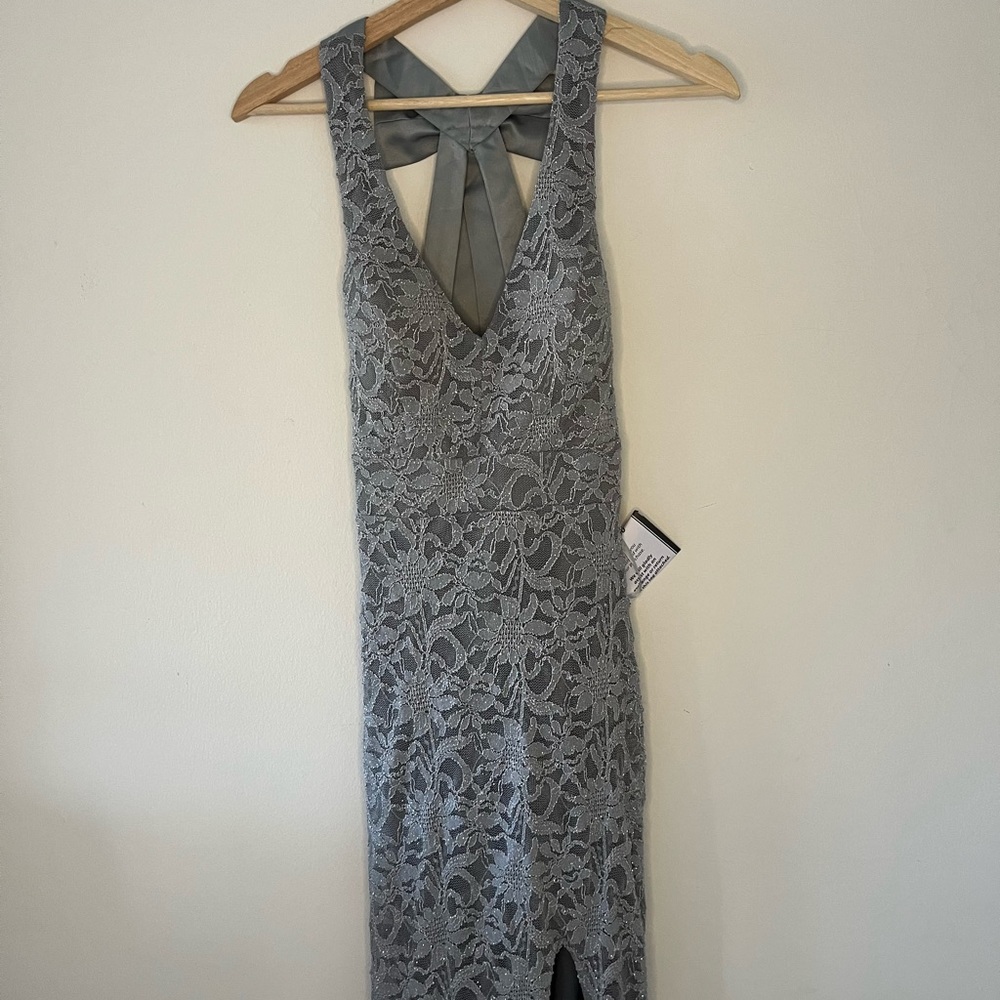 Silver lace prom dress